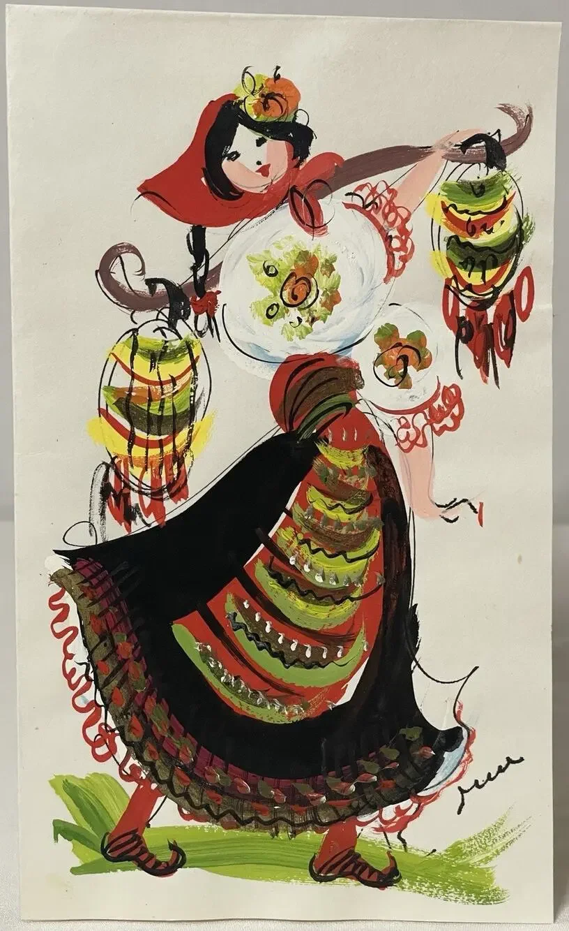 VTG Hand Painted Greeting Card w Envelope Asian Female Figure Folk Dress OOAK